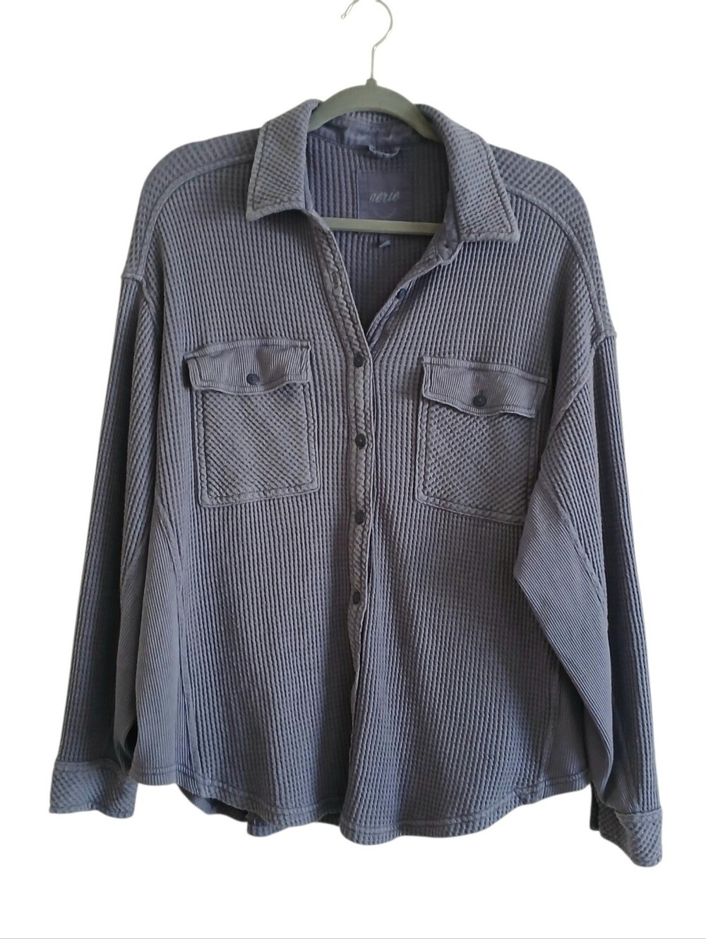 AERIE Lumberjane Oversized Waffle Knit Button Up Women's S Pockets Slouchy Blue
